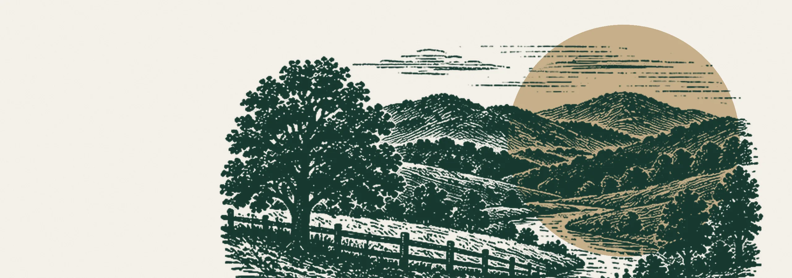 Engraved Appalachian landscape: an oak, a split-rail fence, a winding creek and layered ridges under a setting sun